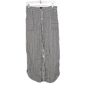 Tahari 100% Linen Stripe Maxi Skirt Womens Size Medium Blue Coastal Button Front